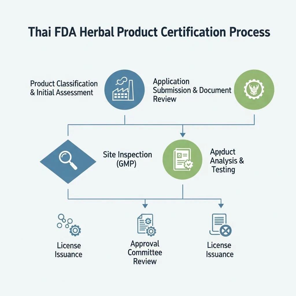 Flowchart illustrating the Thai FDA herbal product certification process with clear steps and icons