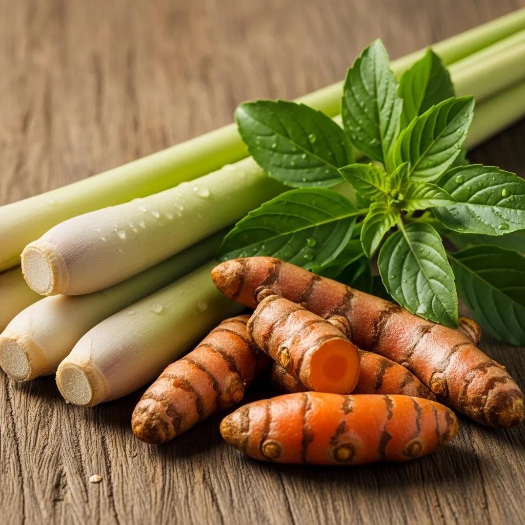 Fresh lemongrass, turmeric roots, and holy basil leaves on a wooden surface, highlighting their health benefits in Thai herbal medicine