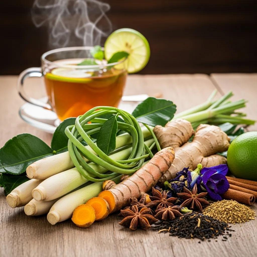 Fresh Thai herbs and tea ingredients showcasing health benefits