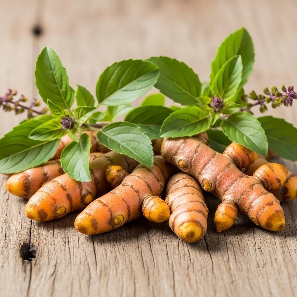 Essential Guide to Authentic Thai Healing Products 4 Fresh turmeric roots and holy basil leaves highlighting their benefits in Thai healing products