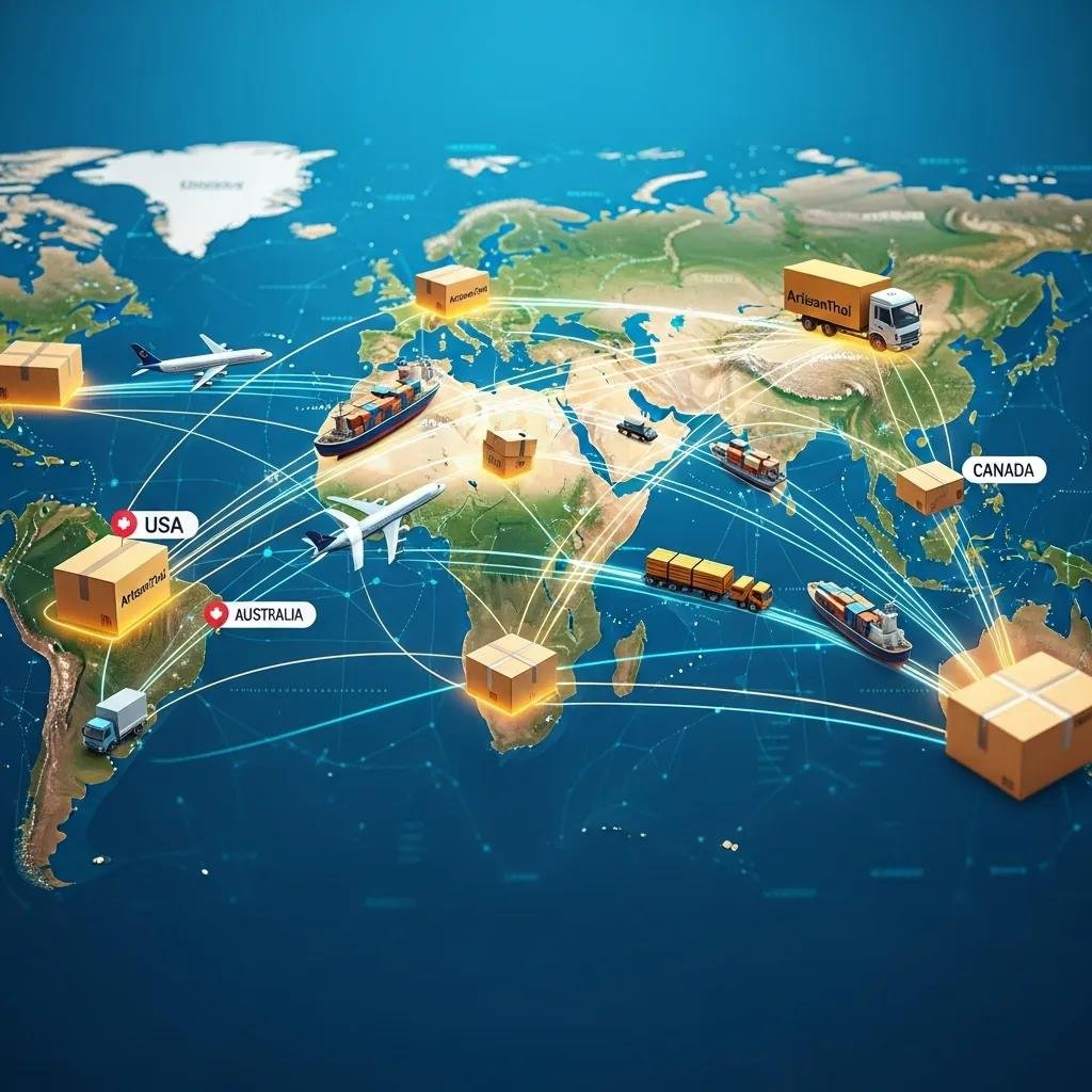 Global shipping routes and packages representing ArtisanThai's international delivery services