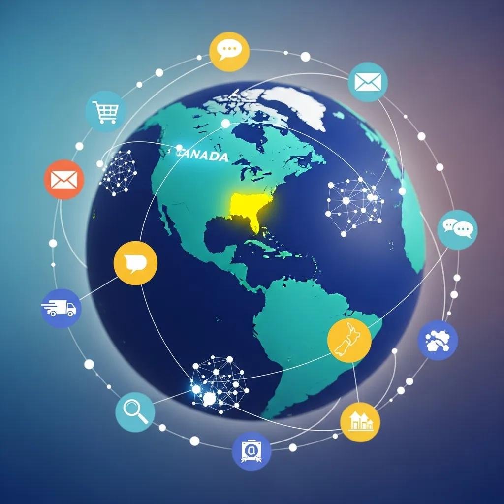 Globe highlighting regions for international SEO with e-commerce icons representing global reach