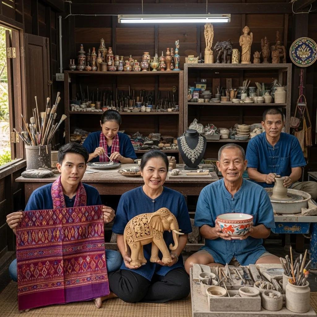 Group of Thai artisans showcasing their unique handmade products in a workshop