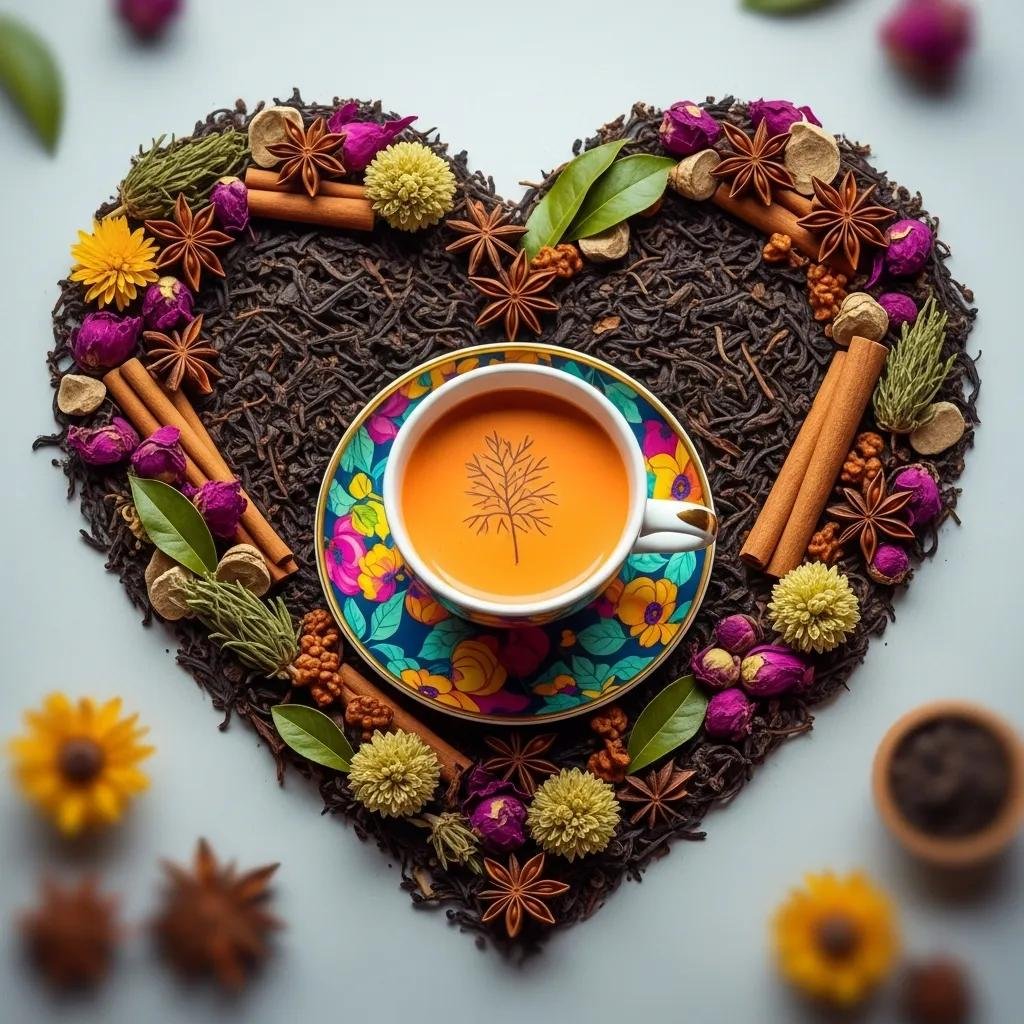 Heart-shaped arrangement of tea leaves and spices with Thai tea, representing cardiovascular wellness