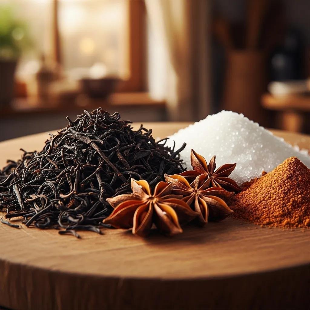 Key ingredients of ChaTraMue tea mix including black tea, sugar, and spices