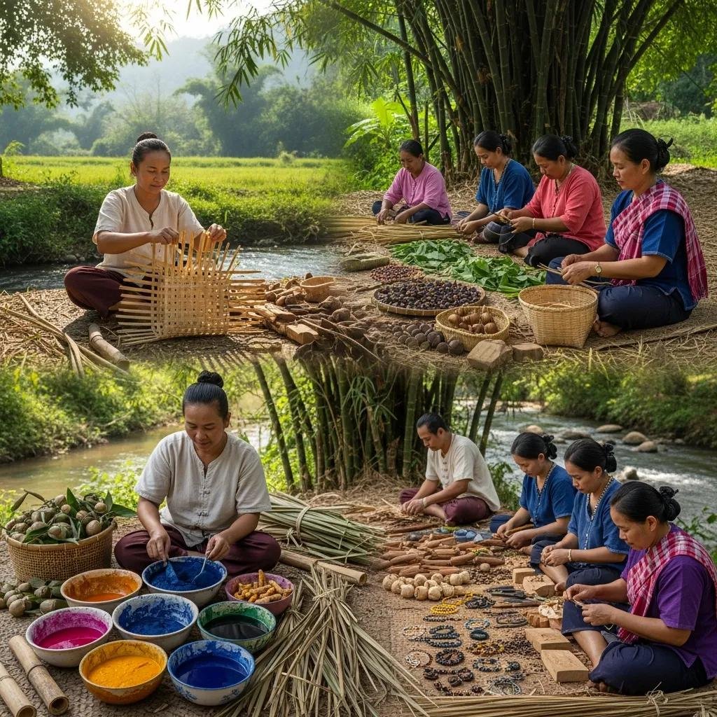 Thai Handicrafts vs. Mass-Produced Items: What's the Difference? 4 Local artisans using sustainable materials in a lush Thai landscape, emphasizing environmental and ethical advantages