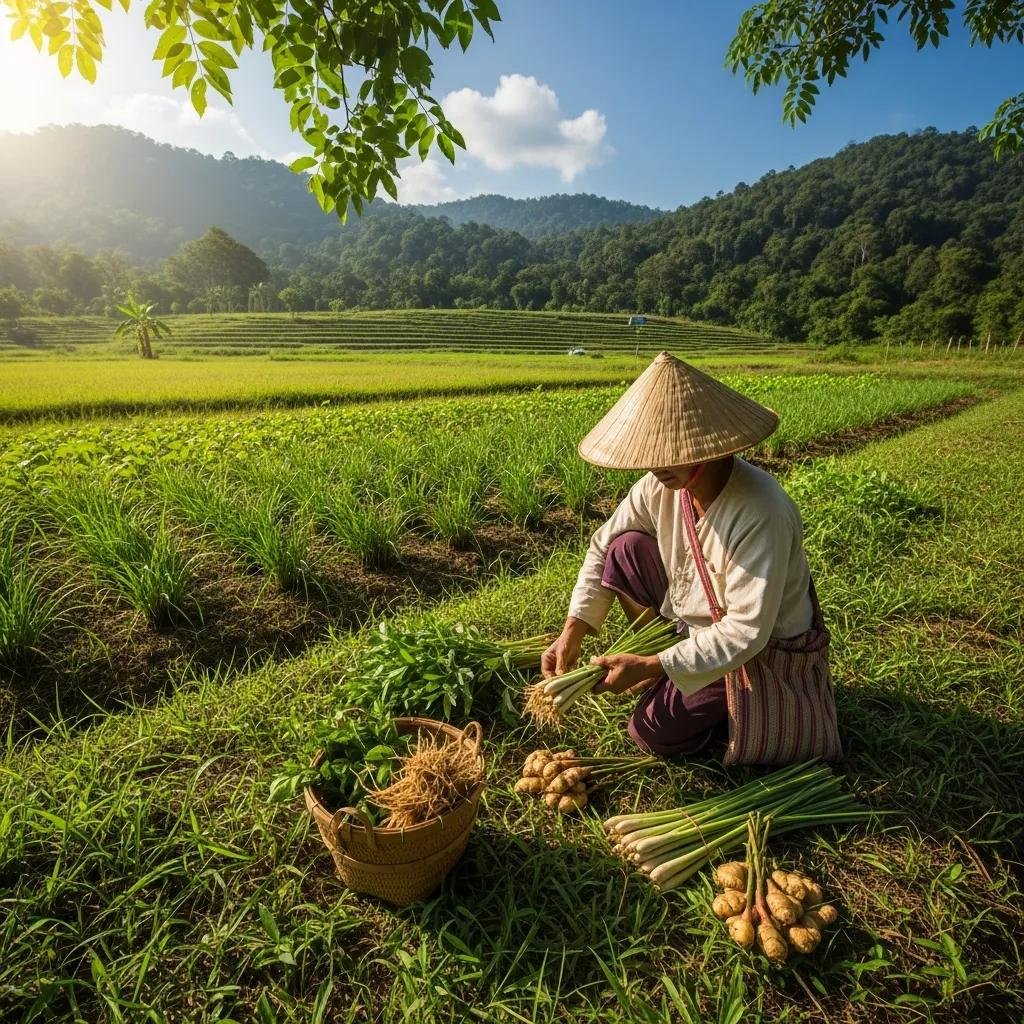 What Makes Thai Herbal Remedies Unique 4 Local Thai farmer harvesting fresh herbs in a green field, highlighting sustainable sourcing practices