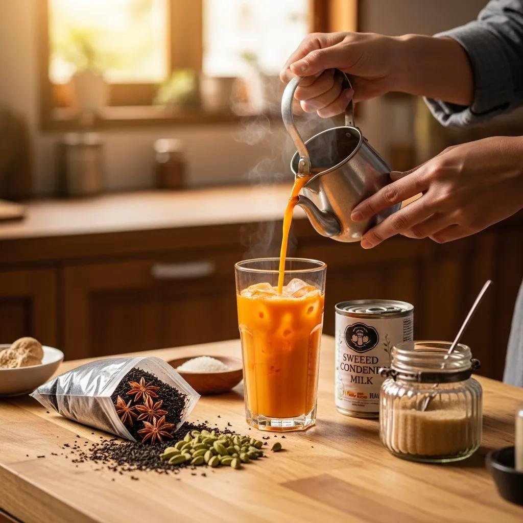 Person brewing authentic Thai tea in a cozy kitchen