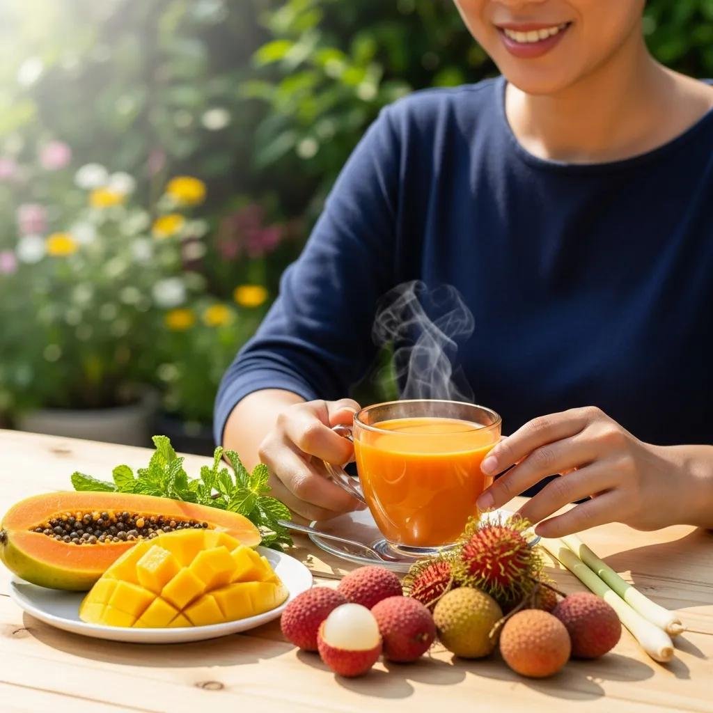 Person enjoying a cup of organic Thai tea with fresh fruits and herbs