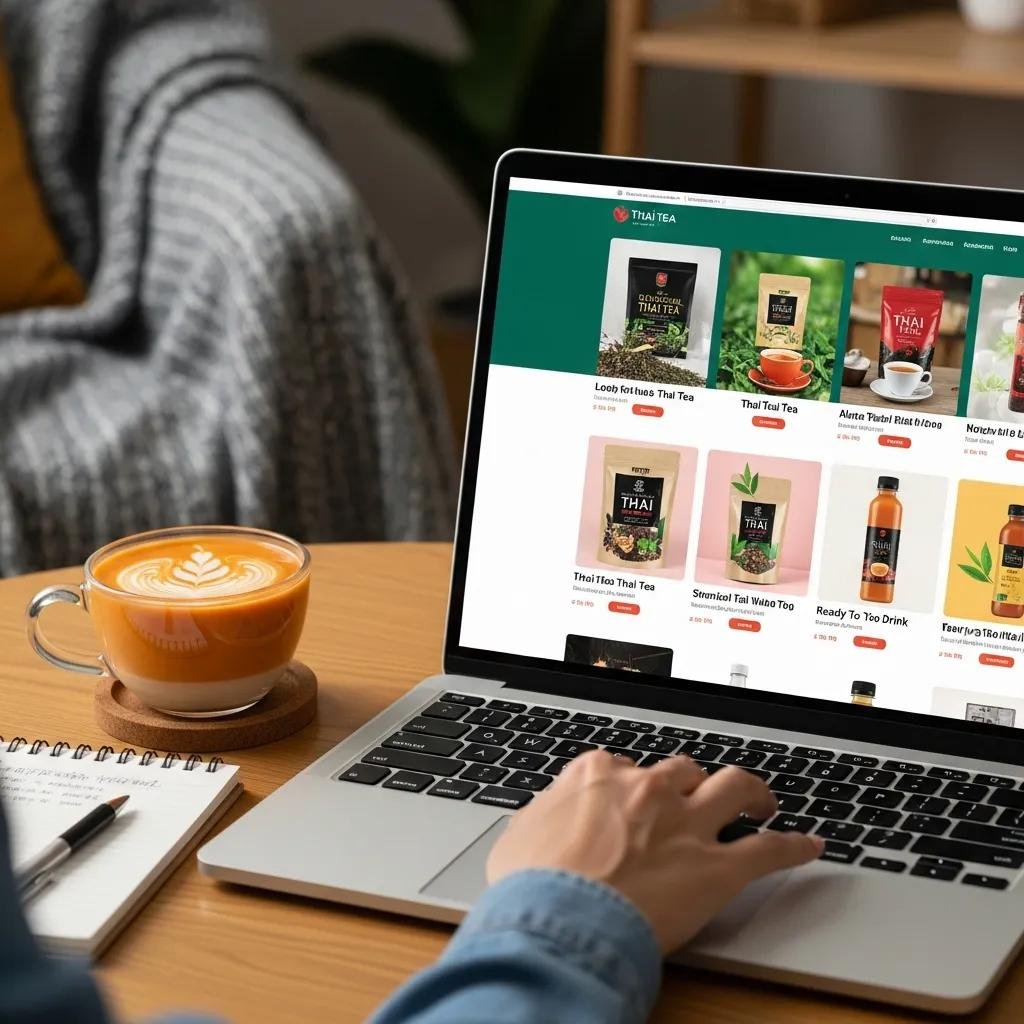 Person shopping for authentic Thai tea online with a laptop and brewed tea