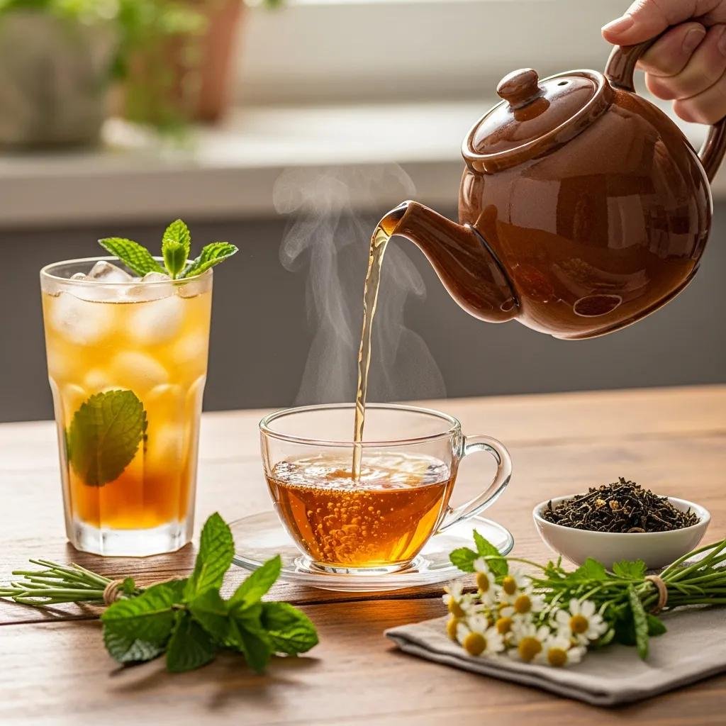Preparation of Tapee Tea with a teapot pouring into a cup, showcasing hot and iced tea methods