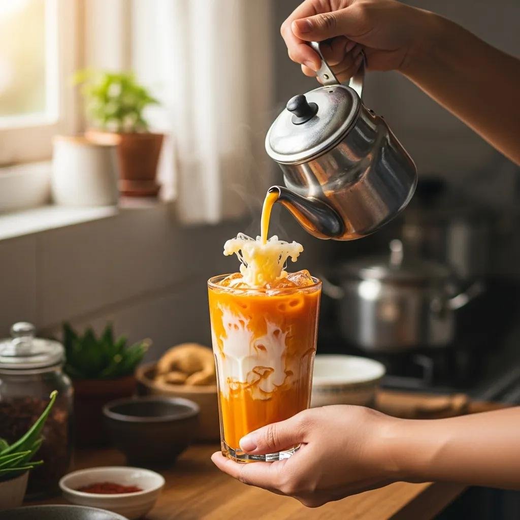 Preparation of traditional Thai tea with brewed tea being poured over ice and sweetened condensed milk added