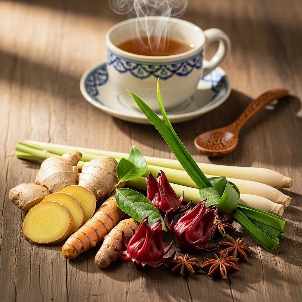 Selection of herbs for traditional Thai herbal tea, highlighting health benefits and natural ingredients