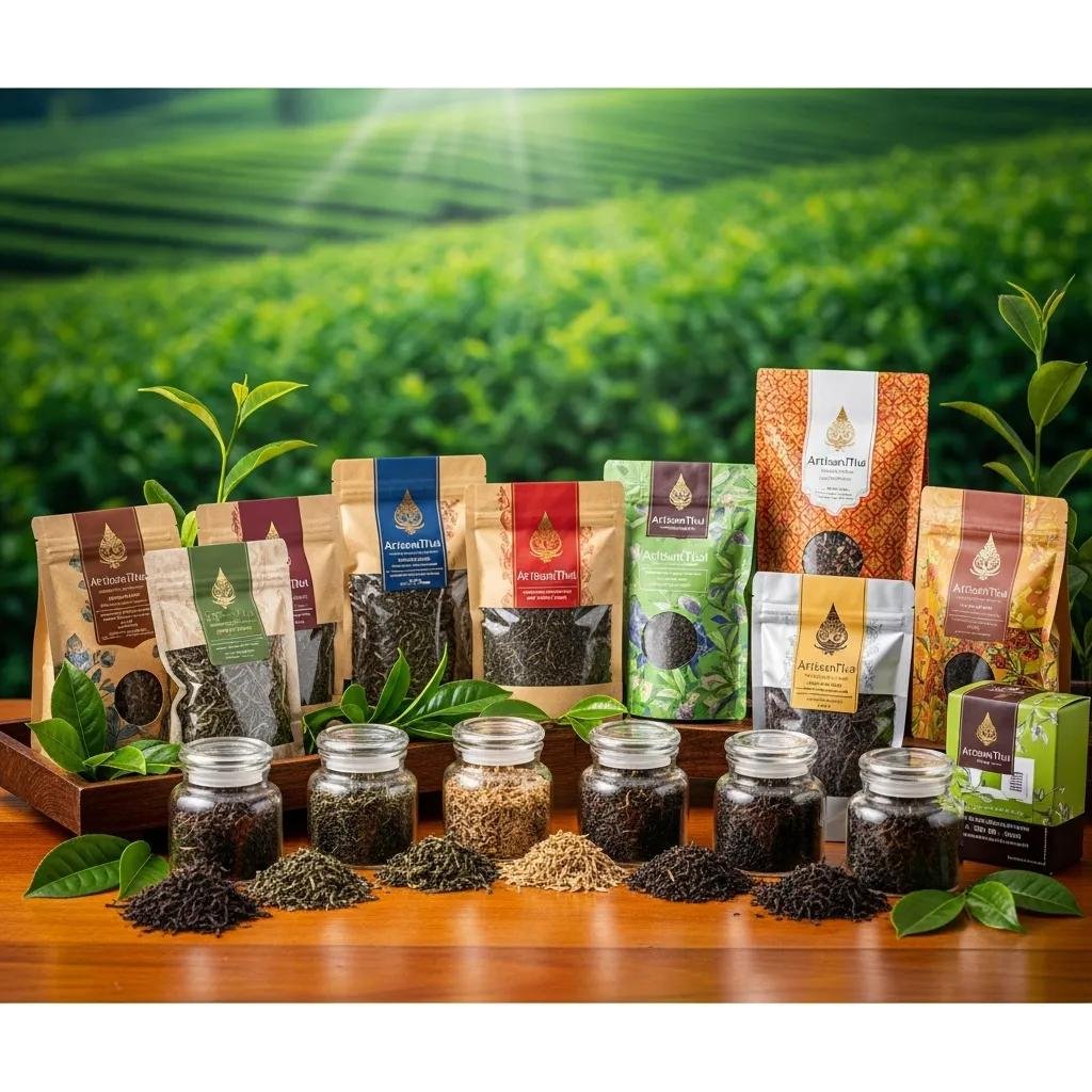 Selection of premium Thai teas from ArtisanThai with beautifully packaged tea bags and loose leaf teas on a wooden surface