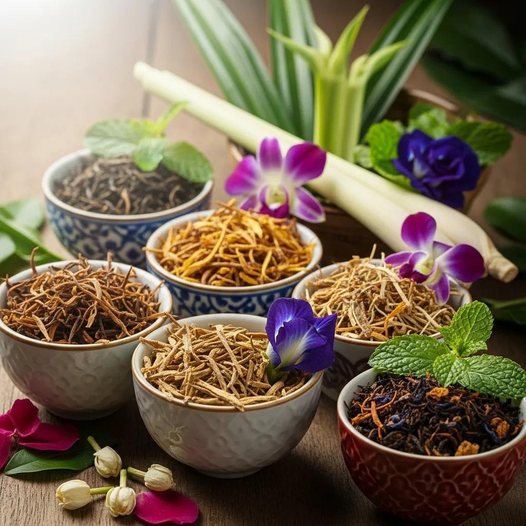 Selection of Thai herbal teas in traditional cups with fresh herbs