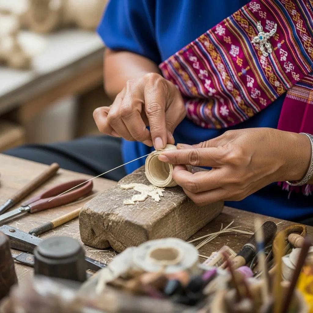 Skilled Thai artisan crafting traditional handicrafts, highlighting dedication and cultural heritage
