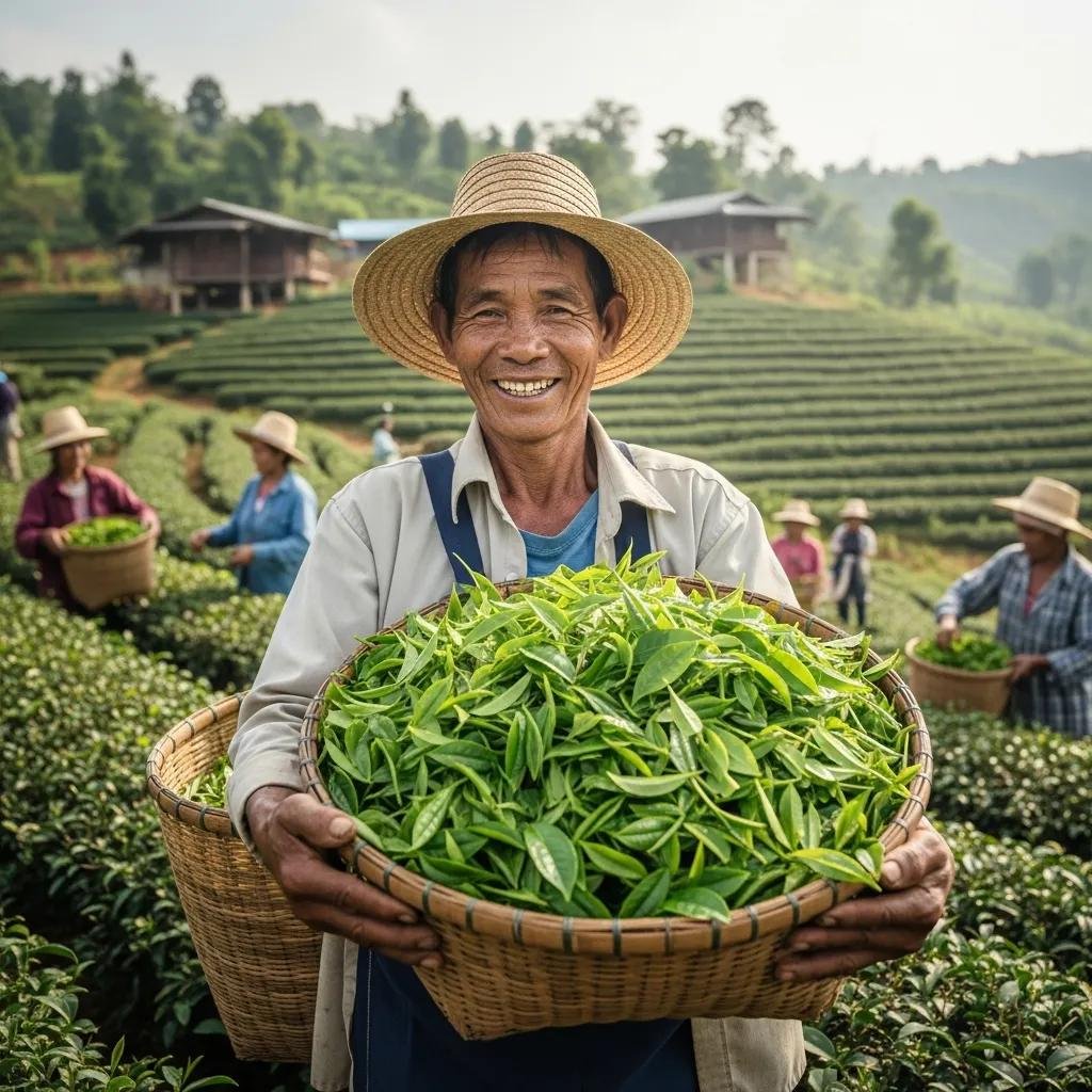 Smallholder farmer in Thailand holding freshly harvested tea leaves, illustrating ethical sourcing and fair trade initiatives