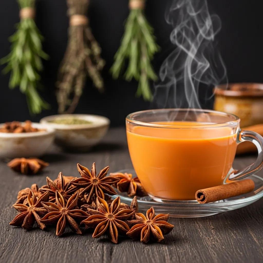Star anise pods beside a cup of Thai tea, illustrating digestive health benefits