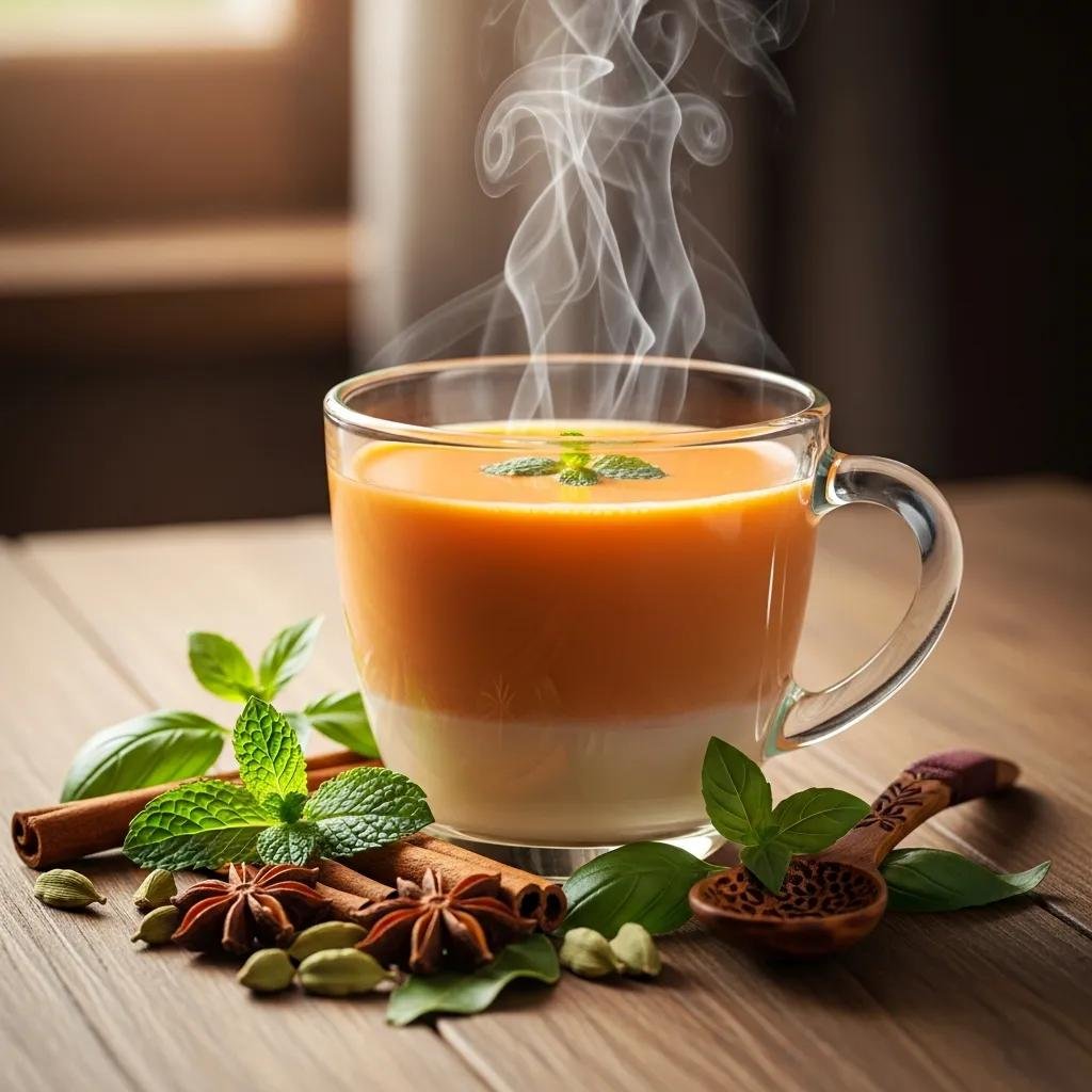Steaming cup of authentic Thai tea with herbs and spices