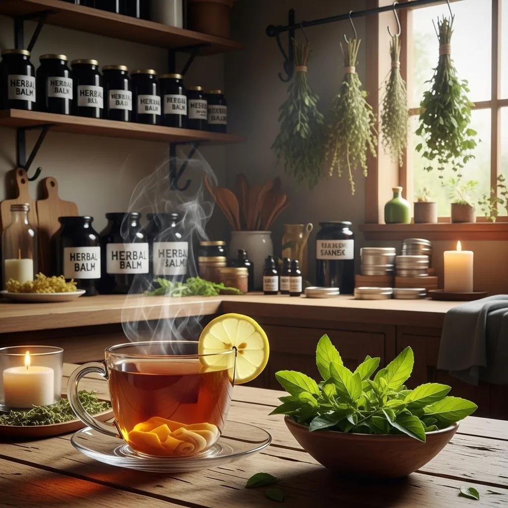 Steaming cup of lemongrass tea with fresh holy basil leaves, showcasing the benefits of Thai herbal wellness