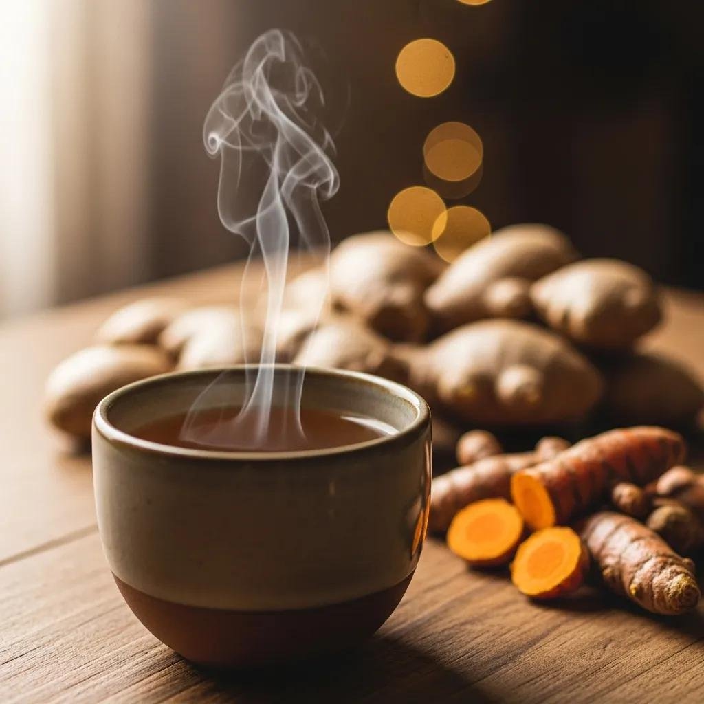 Steaming cup of Tapee Tea with ginger and turmeric roots