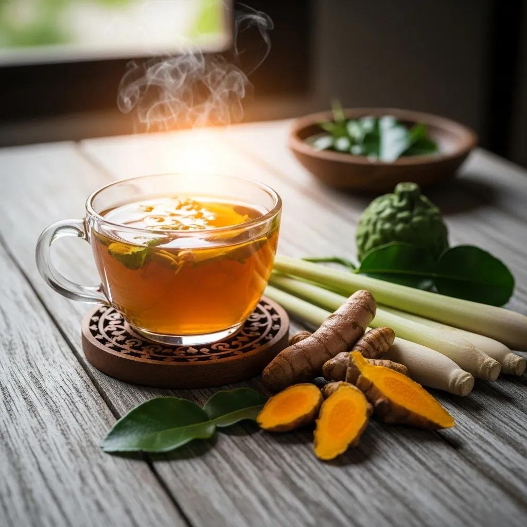 Steaming cup of Thai herbal tea with fresh herbs on a cozy table setting