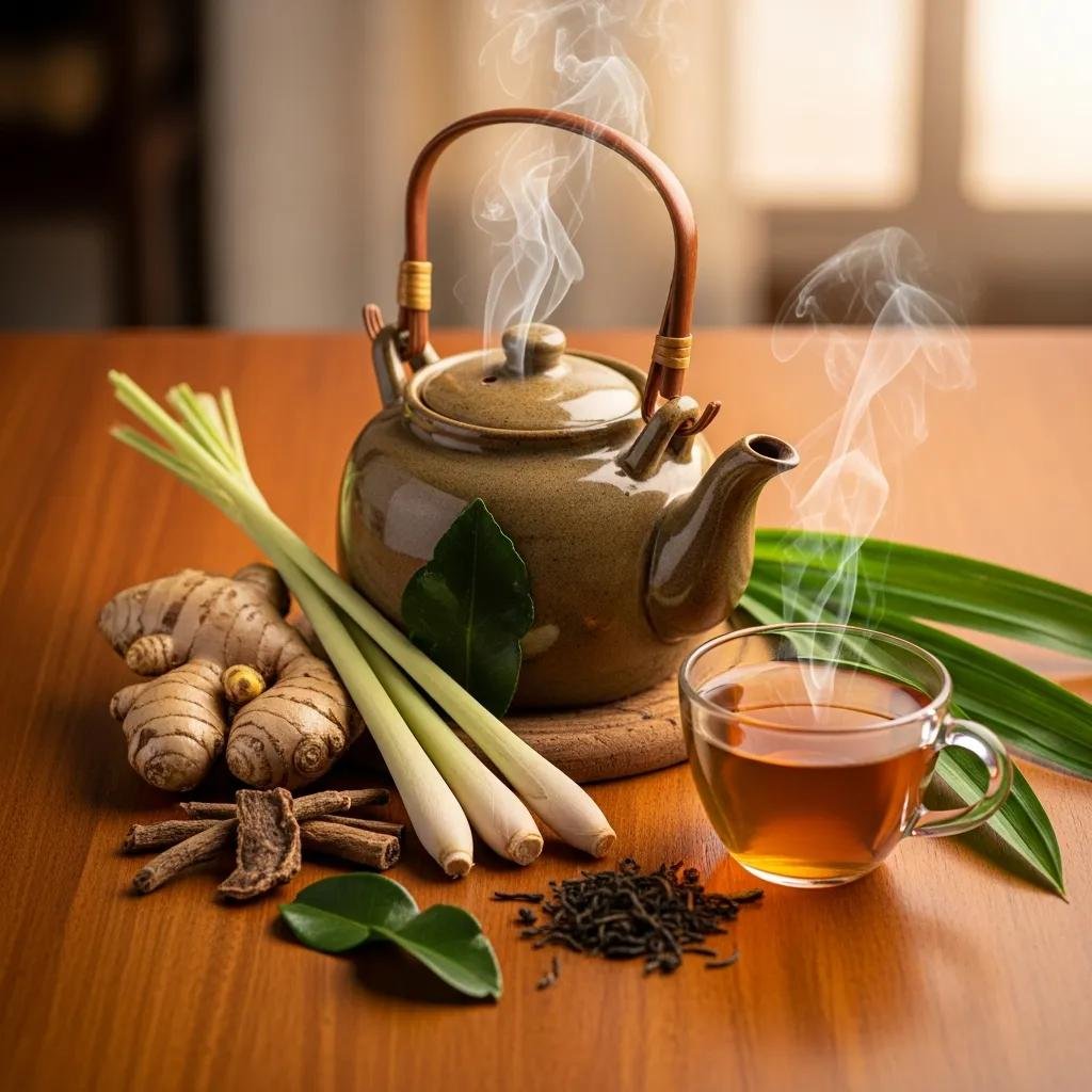 Teapot of freshly brewed Tapee Tea with lemongrass and ginger on a wooden table, illustrating the brewing process for optimal health benefits