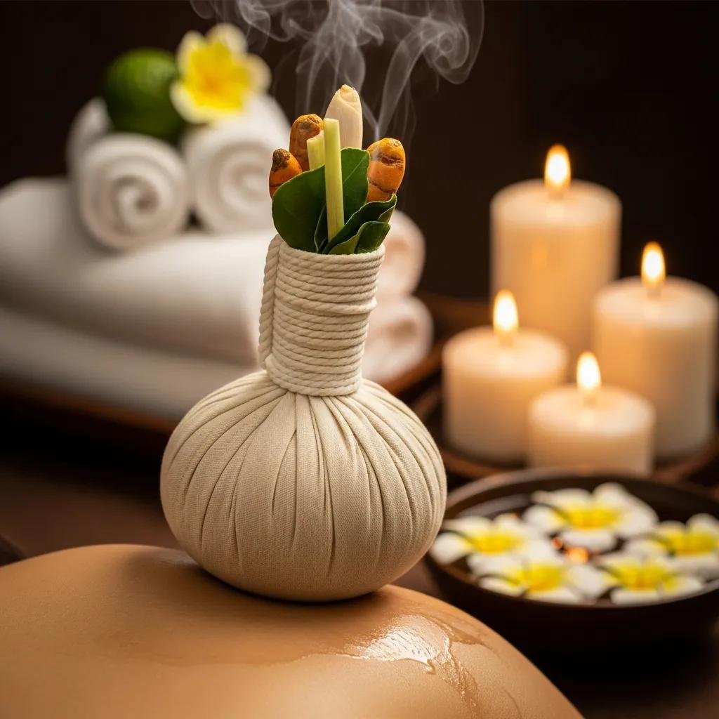 Thai herbal compress being applied to a shoulder in a serene spa environment, illustrating natural healing practices