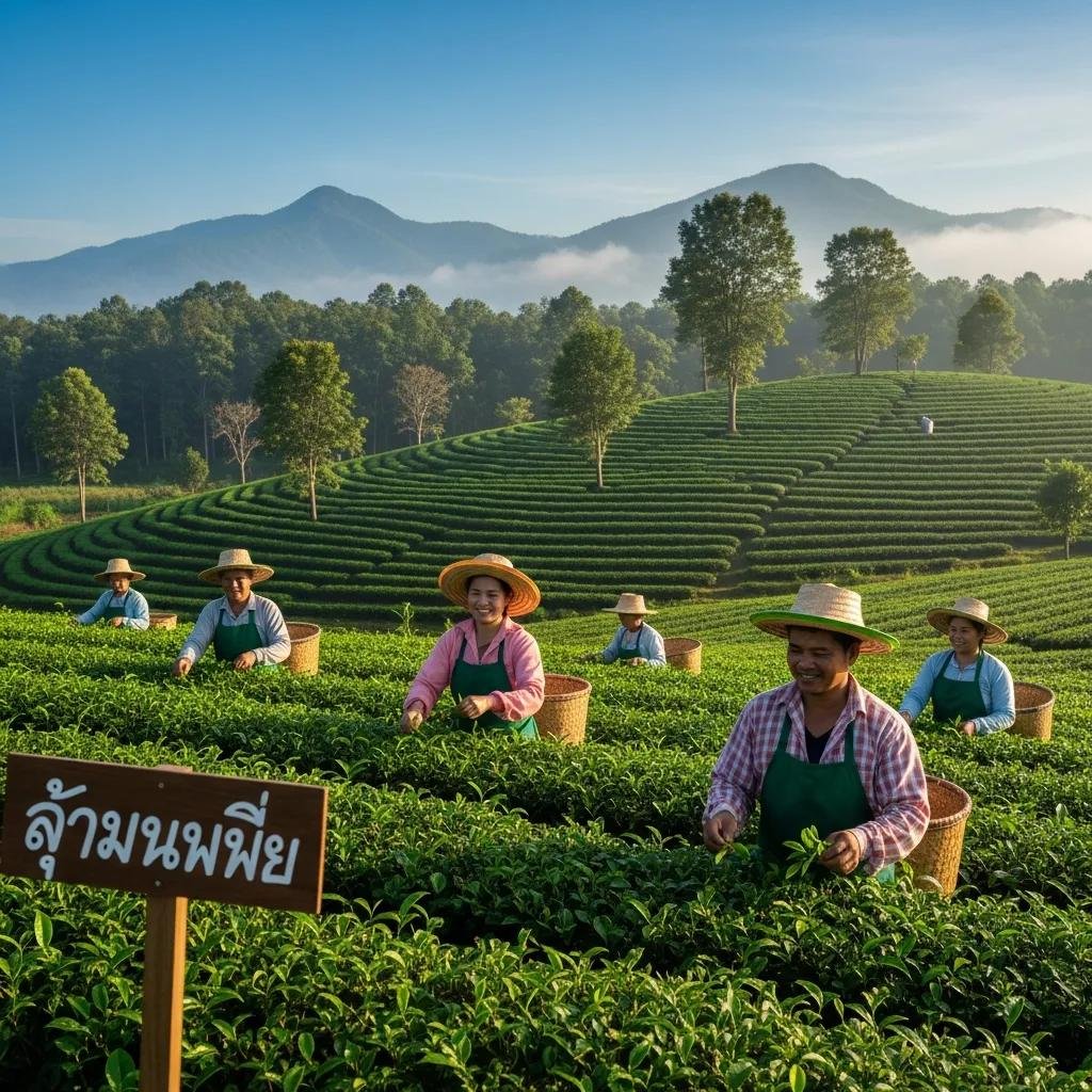 Thai tea farm with farmers working, highlighting ethical sourcing and sustainability