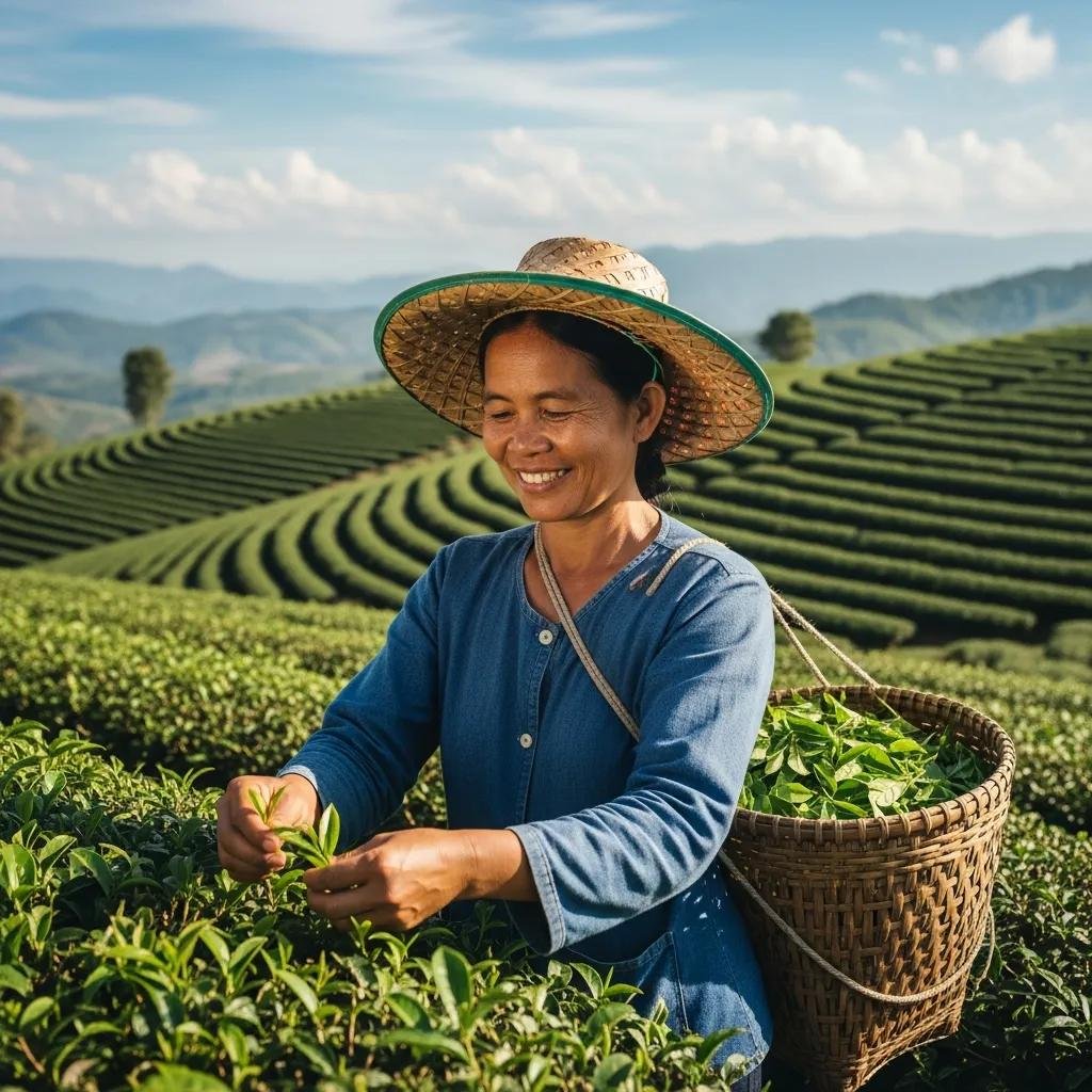 Thai tea farmer harvesting tea leaves in a lush plantation