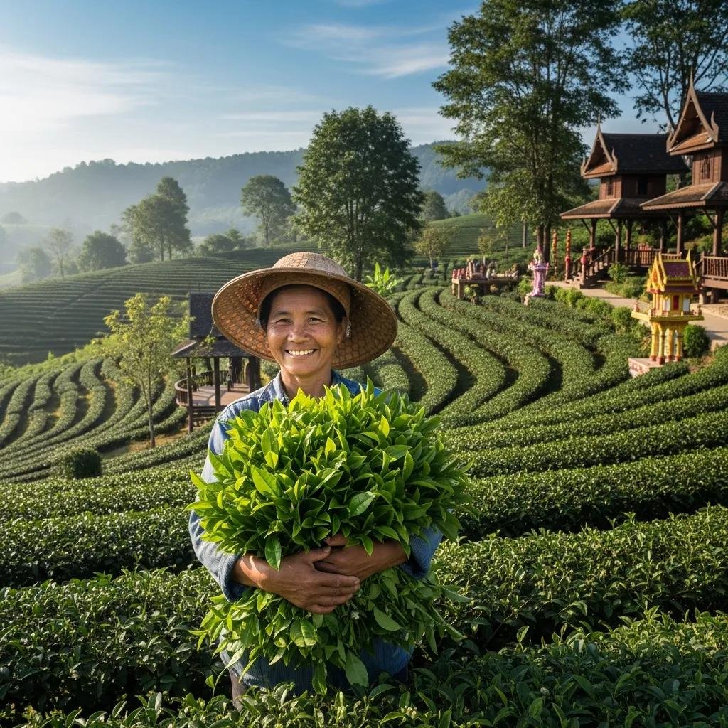 Thai tea farmer holding fresh tea leaves in a lush tea garden, representing ethical sourcing