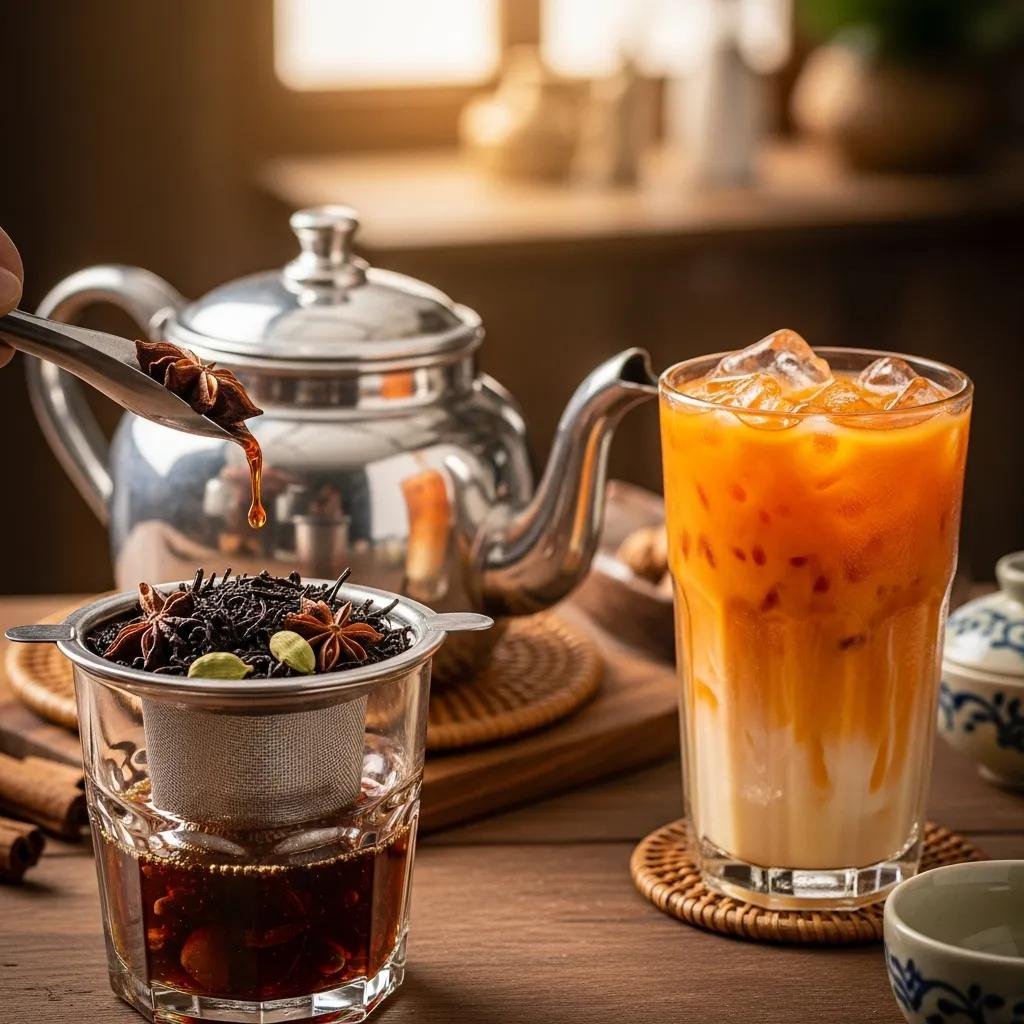 Authentic Thai Tea vs Regular Tea: What's the Difference? 4 Traditional brewing methods for Thai tea with a metal filter cup and Thai tea pot