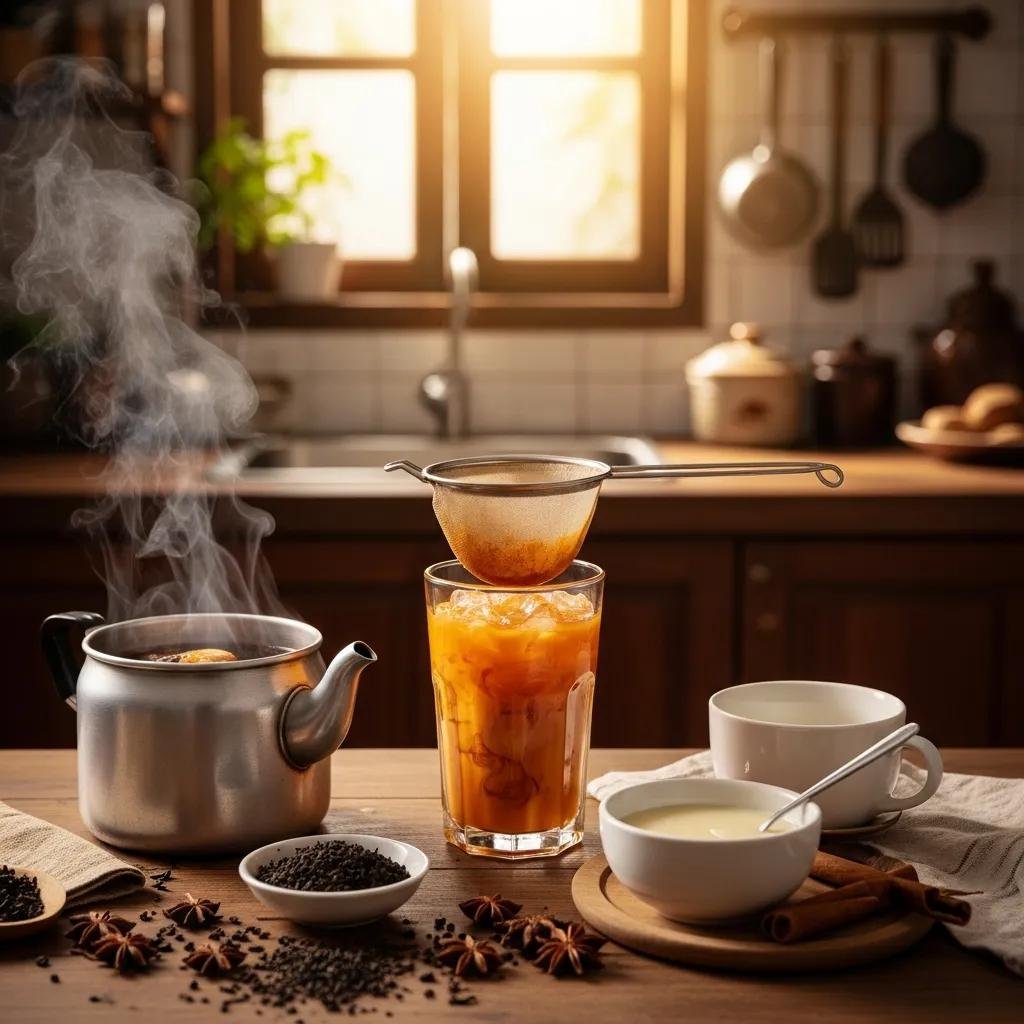 Traditional preparation of authentic Thai tea with brewed black tea and sweetened condensed milk in a cozy kitchen