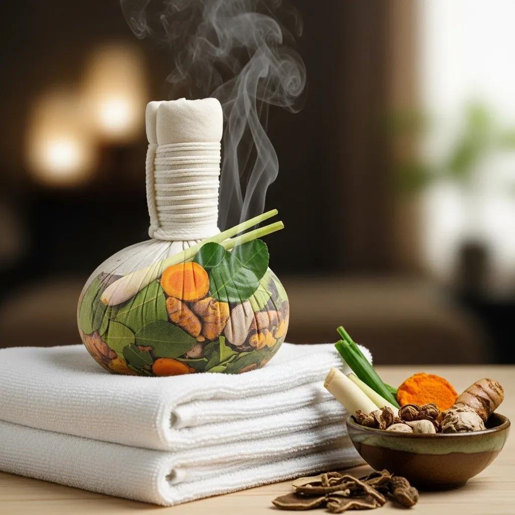 Essential Guide to Authentic Thai Healing Products 3 Traditional Thai herbal compress therapy setup with a steaming herbal compress and fresh herbs