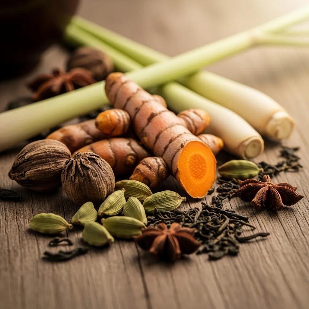 Traditional Thai tea ingredients like cardamom, turmeric, and lemongrass arranged on a wooden surface, emphasizing their health benefits