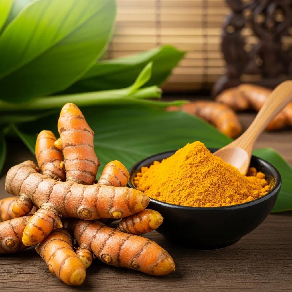 Turmeric roots and powdered turmeric in a bowl, highlighting its anti-inflammatory and antioxidant health benefits
