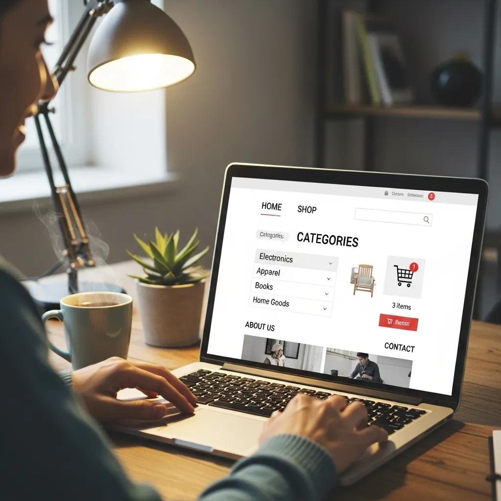 User-friendly website navigation interface displayed on a laptop in a cozy workspace