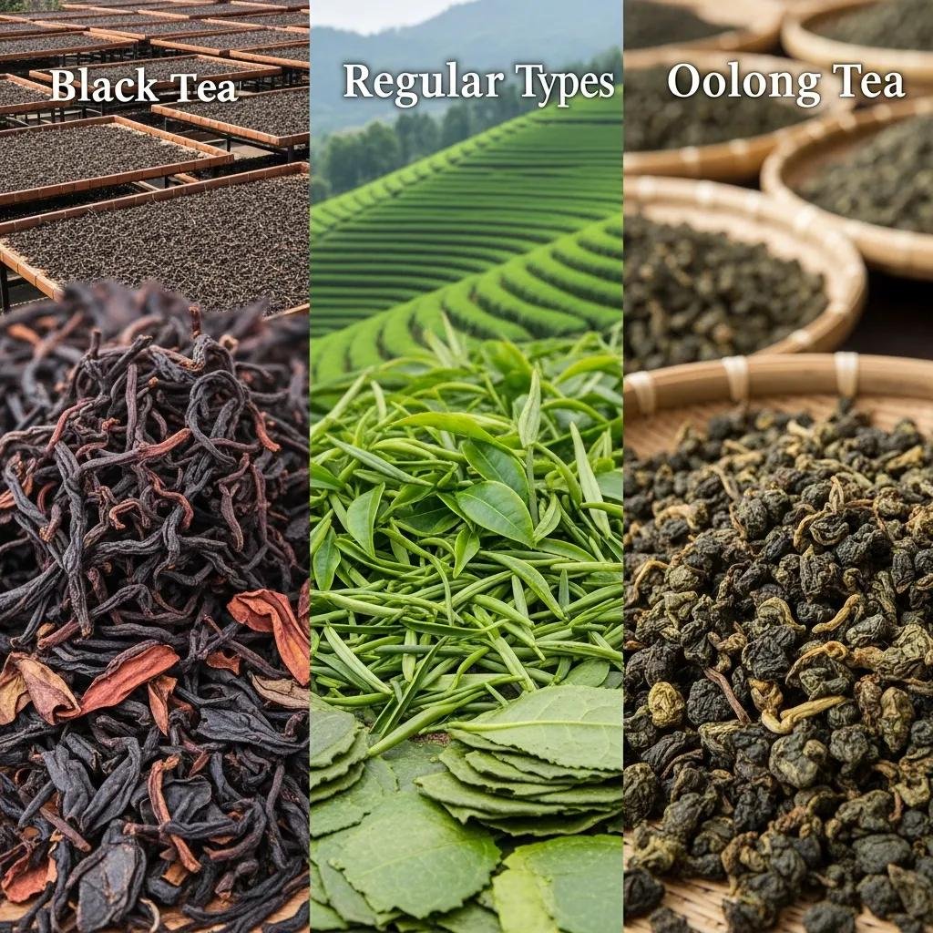 Variety of regular tea leaves including black, green, and oolong, illustrating different processing methods and benefits