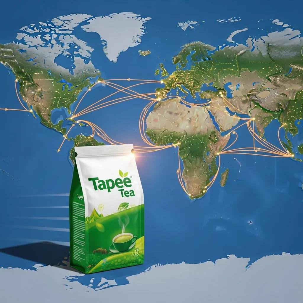 World map with shipping routes and Tapee Tea package, illustrating international shipping costs