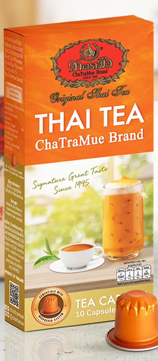 ChaTraMue Thai Tea Capsules, Nespresso-Compatible 2 ChaTraMue Thai Tea capsules, box of 10 seen at an angle with one capsule in front