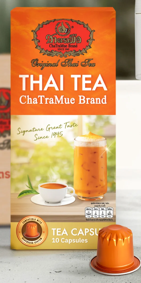 ChaTraMue Thai Tea Capsules, Nespresso-Compatible 3 ChaTraMue Thai Tea capsules, box of 10 from the front with one capsule in front