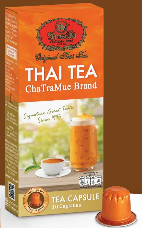 ChaTraMue Thai Tea Capsules, Nespresso-Compatible 1 ChaTraMue Thai Tea capsules, box of 10 with one capsule in front
