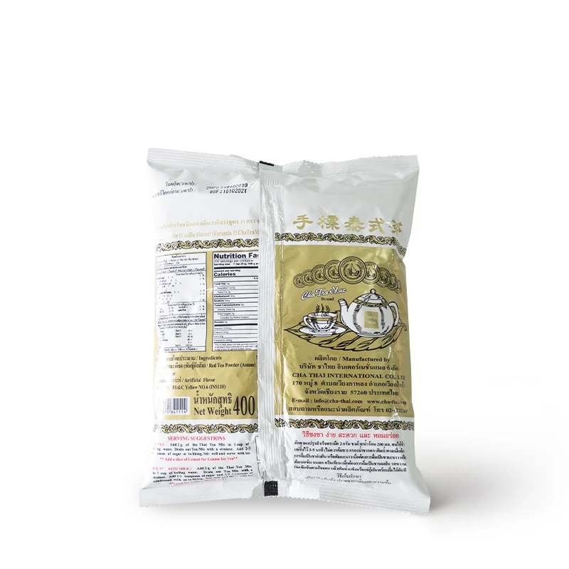 ChaTraMue Thai Tea Mix, 400 g 3 Back of the ChaTraMue Thai Tea Mix Extra Gold 400 g bag