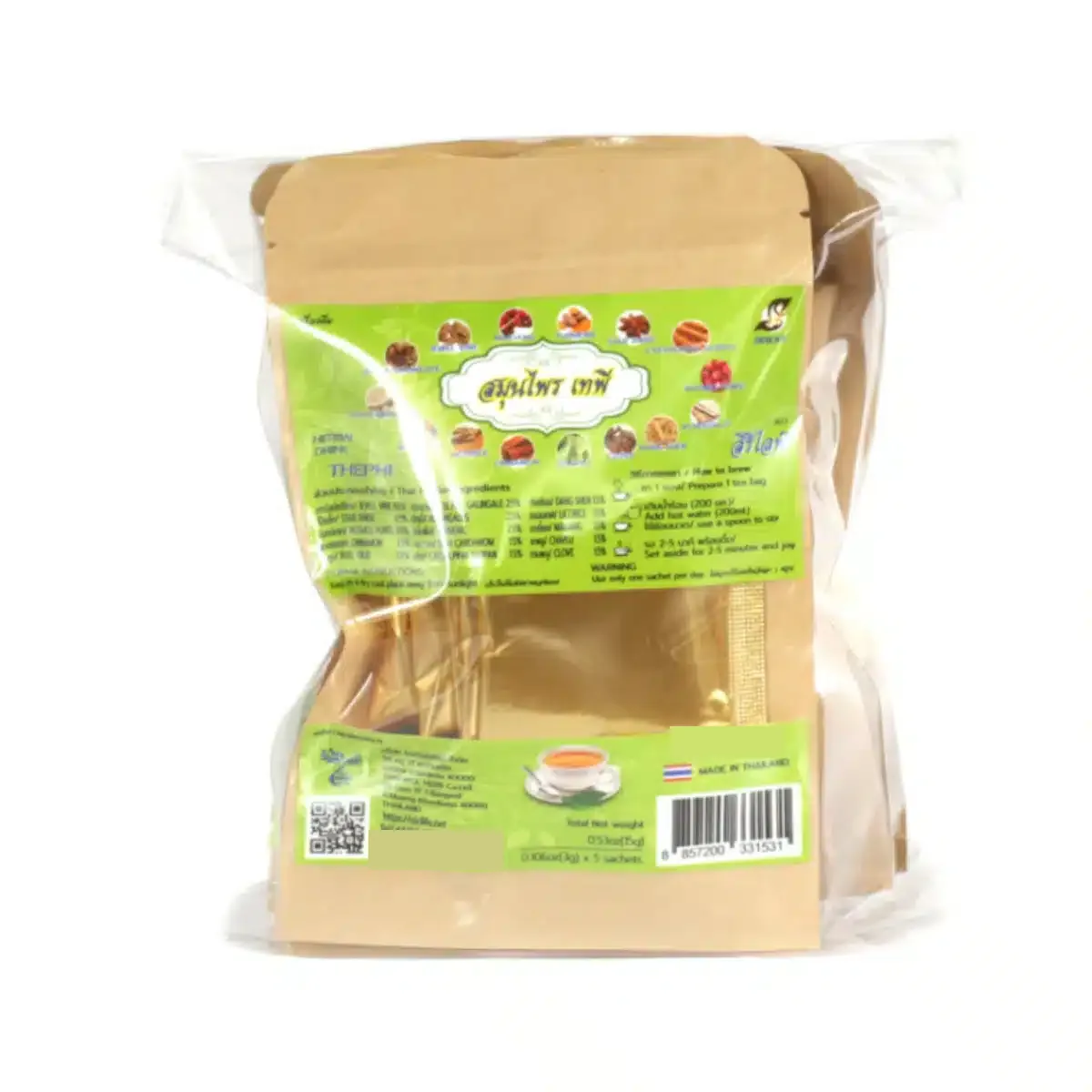 Thai Botanical Tea Bags, New Recipe, 15 Botanicals 3 Sirilife New Recipe 15-herb Thai tea: resealable pouches of golden teabags bundled in a clear outer bag
