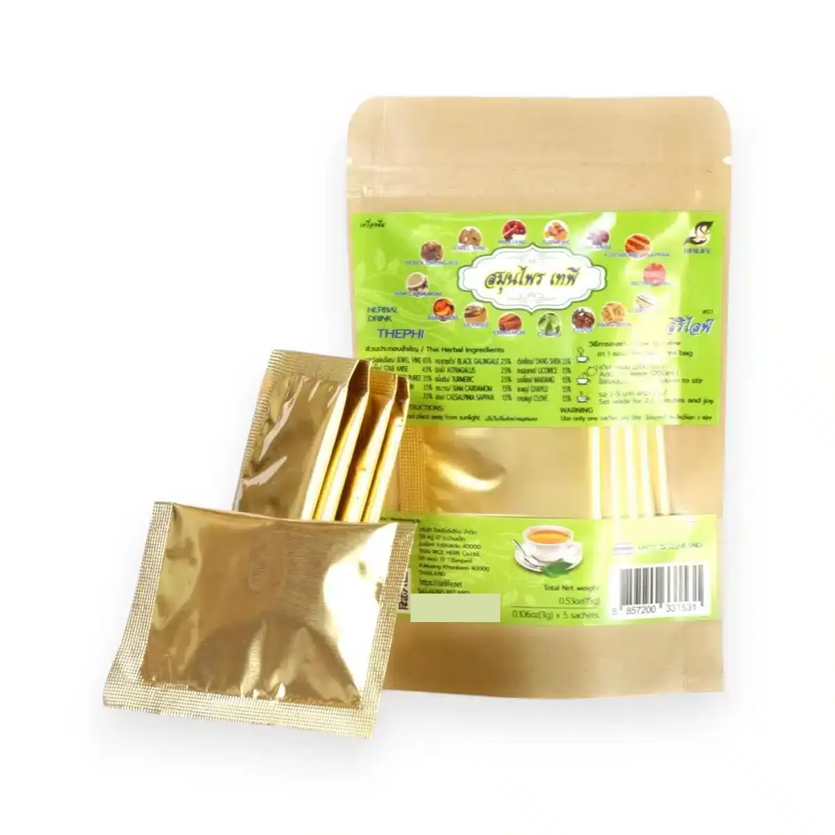 Thai Botanical Tea Bags, New Recipe, 15 Botanicals 2 Sirilife New Recipe 15-herb Thai tea: an opened pouch with two 3 g golden teabags beside it